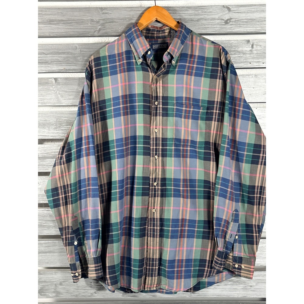 Lands End Mens Large Tall Plaid Button Down Shirt Long Sleeve preppy vintage 90s